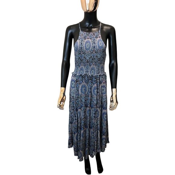 Free People Seasons In The Sun Printed Midi Dress Blue Boho Size M - Picture 3 of 12
